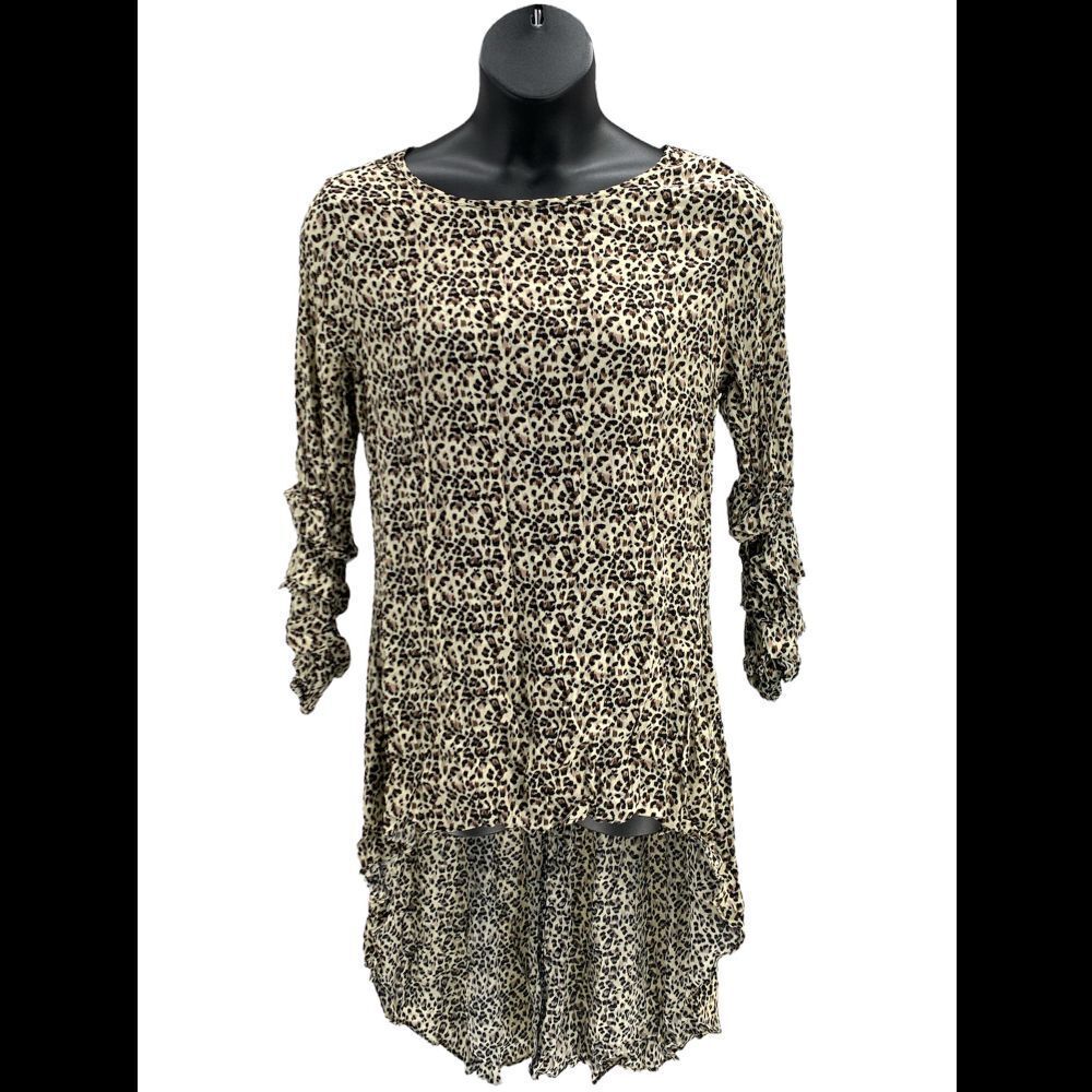 Truth + Style Printed Woven Crepe Hi-Low Hem Tunic Brown Animal - Petite